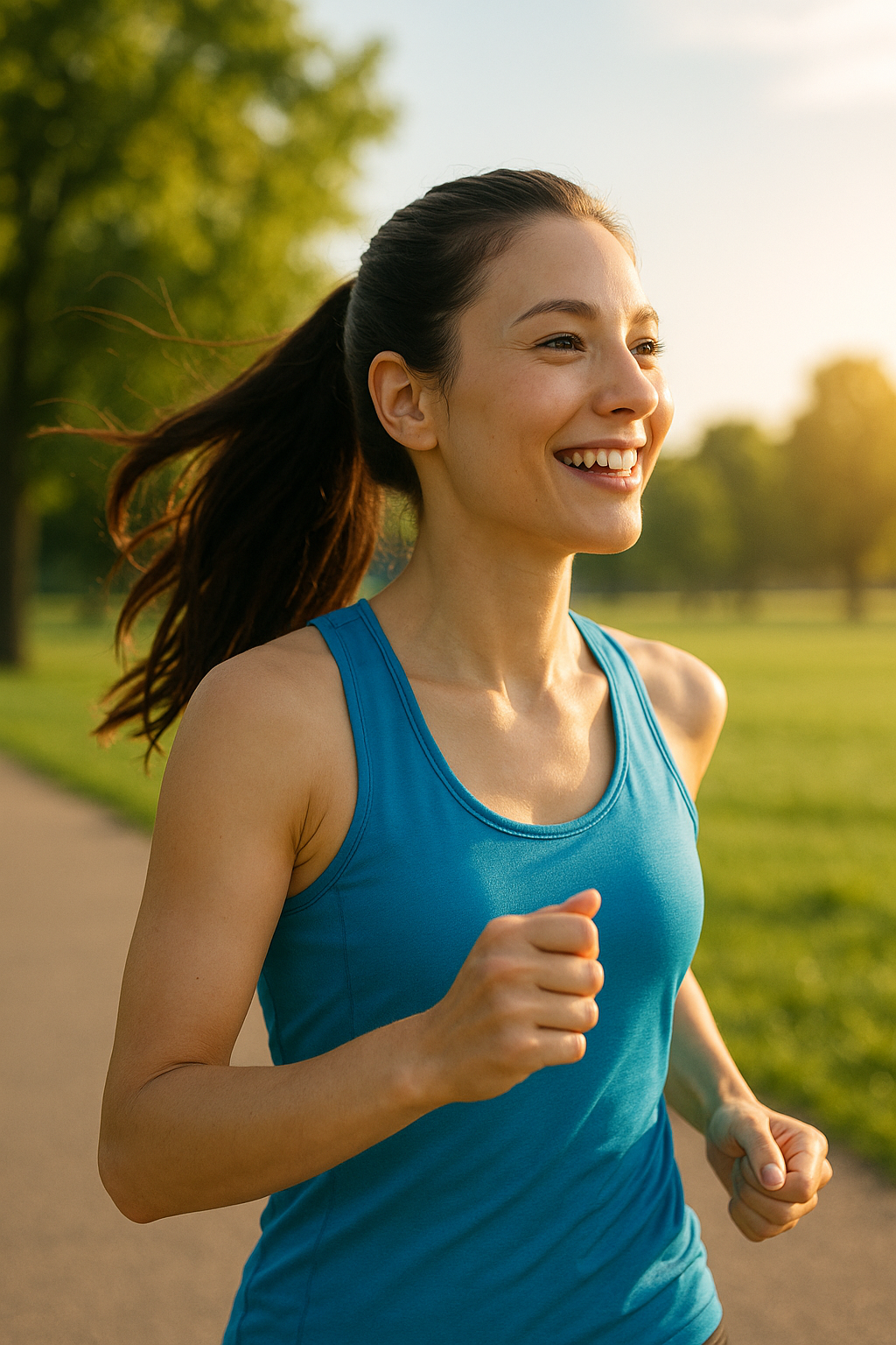 笑顔でランニングする女性と公園の風景｜ランニングの健康効果