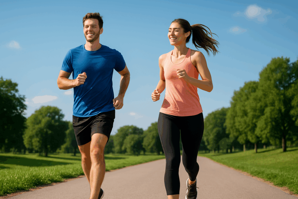 「青空の下で走る男女｜ランニングの健康効果