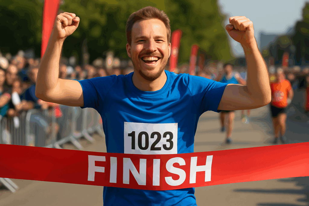 「マラソン大会でゴールするランナーの笑顔