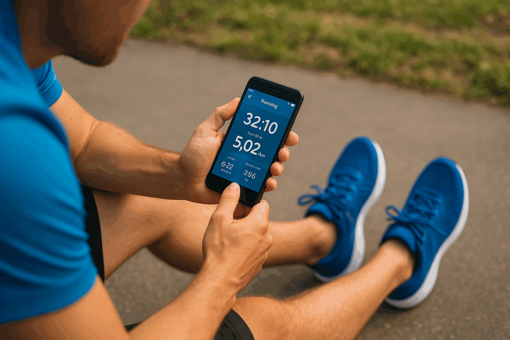ランニングアプリで記録をチェックするランナー」