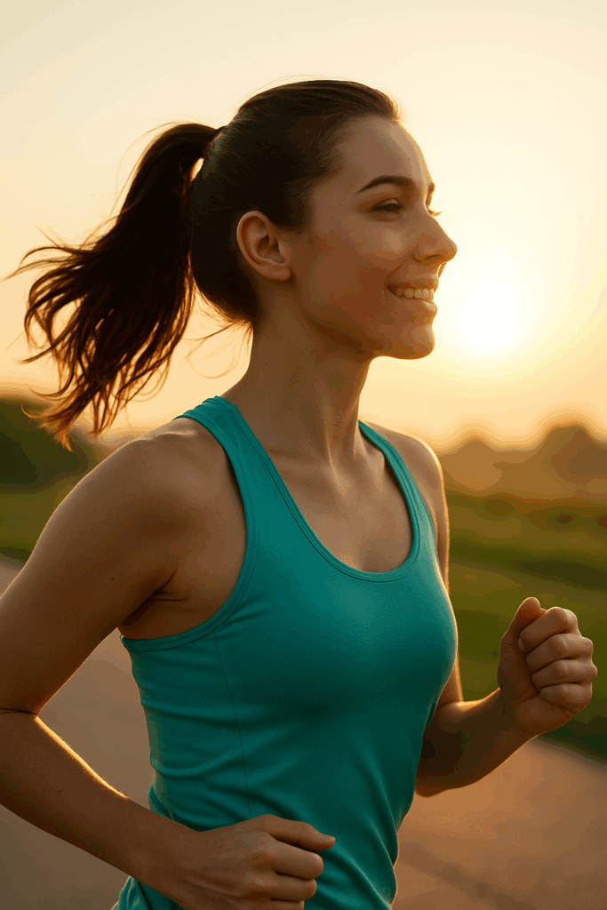 朝日を浴びて走る女性ランナーの横顔