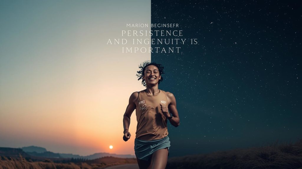 朝と夜の背景の中で走るランナー。継続と工夫の大切さを象徴するイメージ