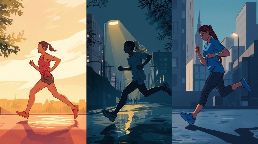 朝型・夜型・不規則な人それぞれに合わせたランニングスタイルを示すイラスト