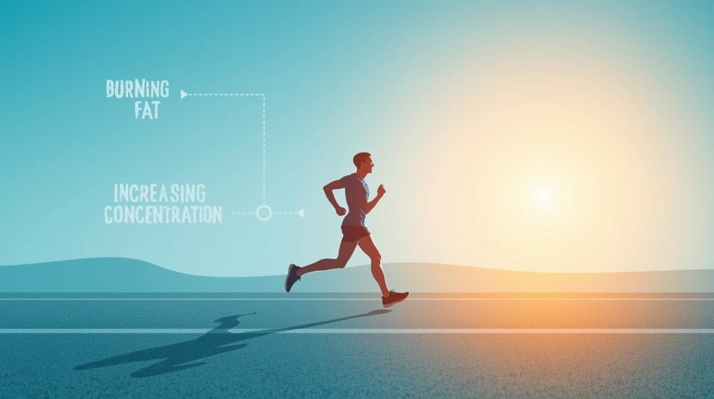 朝ランの効果を表すイメージ。朝日の下を走るランナーと脂肪燃焼・集中力アップのアイコン
