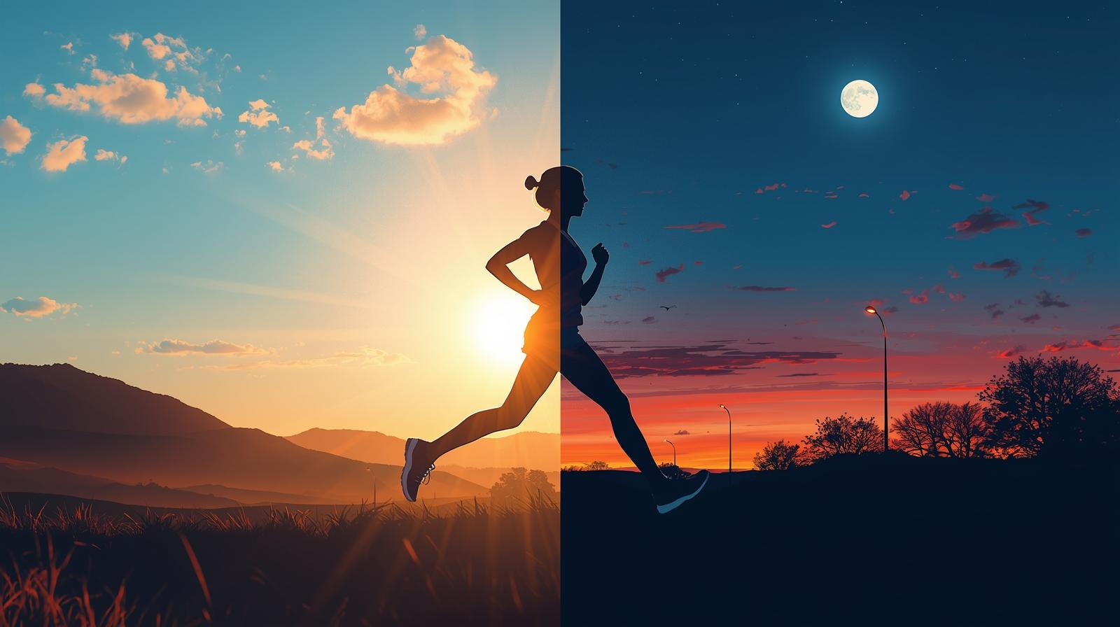朝ランと夜ランの効果の違いを表す比較イメージ。朝は爽やかな日差し、夜は落ち着いた街灯の下で走るランナーのシルエット