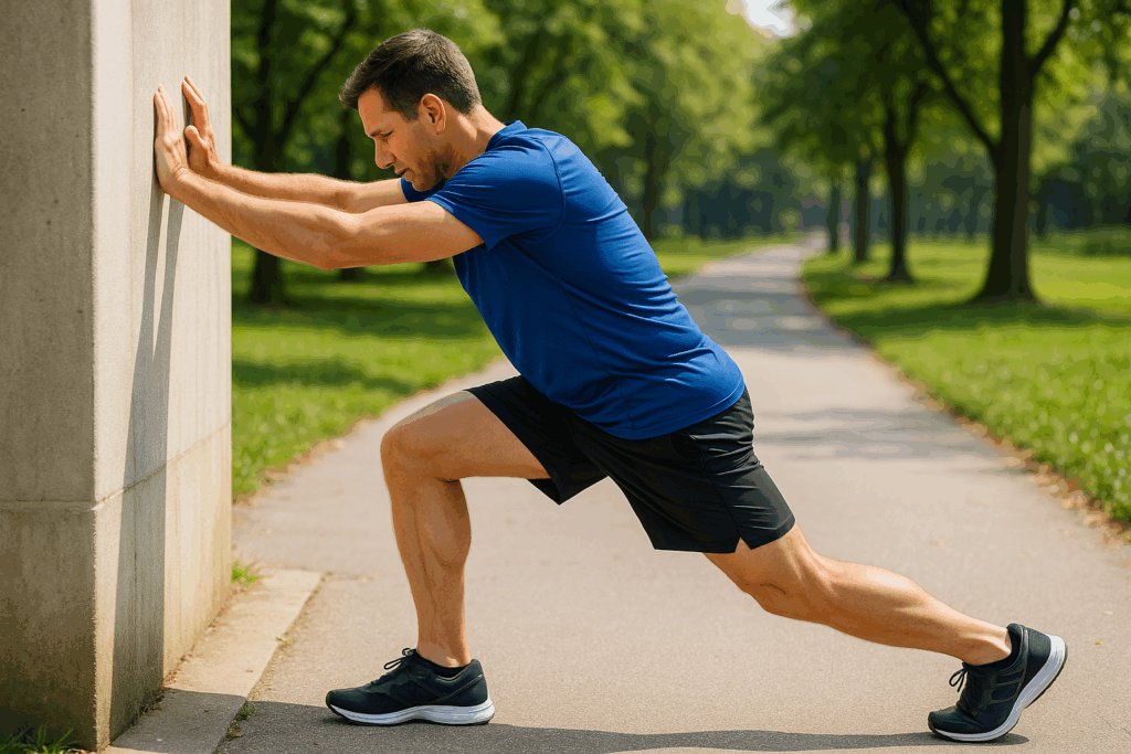 ランナーがふくらはぎを伸ばすストレッチをしている様子
