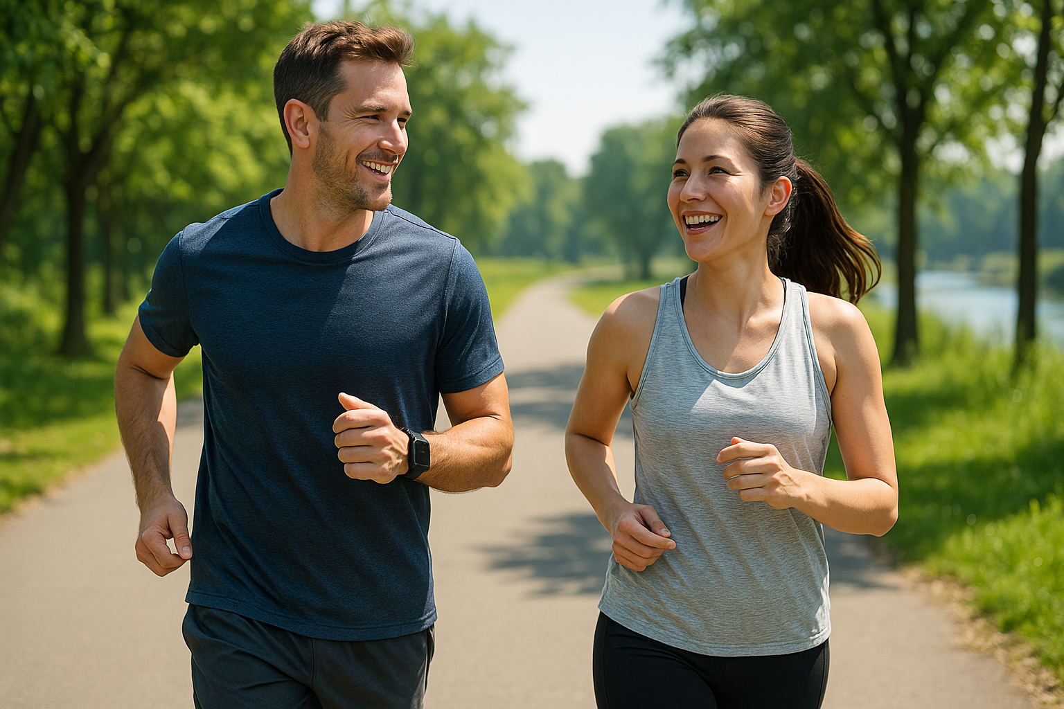 初心者ランナーが会話できるペースで並んで走る様子