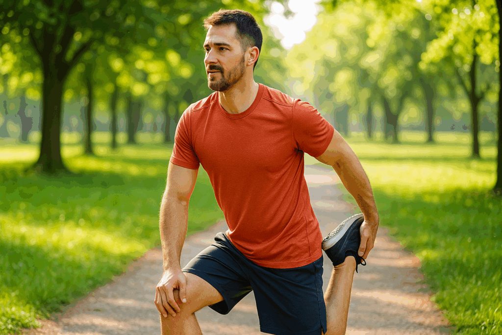 初心者ランナーが公園で膝や足首をストレッチしている様子
