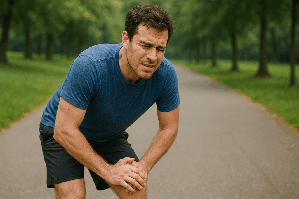 「ランニング中に膝を押さえて立ち止まる初心者ランナー