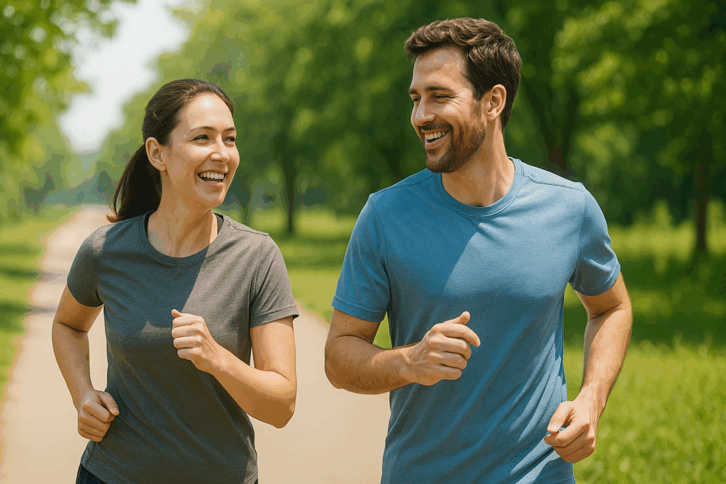 仲間と会話しながら笑顔で走る初心者ランナーの男女