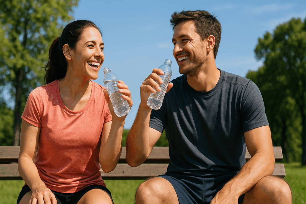 ランニング後にベンチで水を飲みながら笑顔で休憩する男女