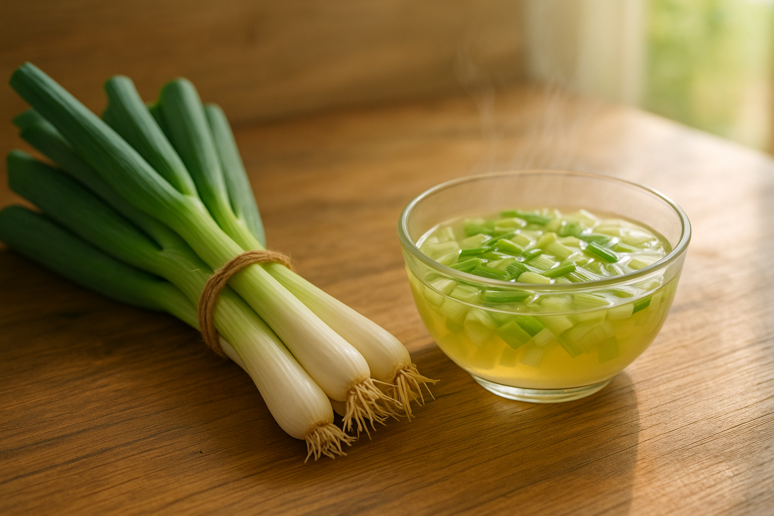 木目調のテーブルに置かれた新鮮な長ネギと、湯気の立つ長ネギ入りスープ。長ネギの効能をイメージさせる健康的で温かみのある写真