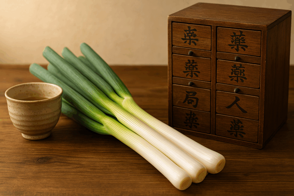 昔から健康に良いとされてきた長ネギのイメージ。薬箱や和風の湯飲みと一緒に置かれた写真