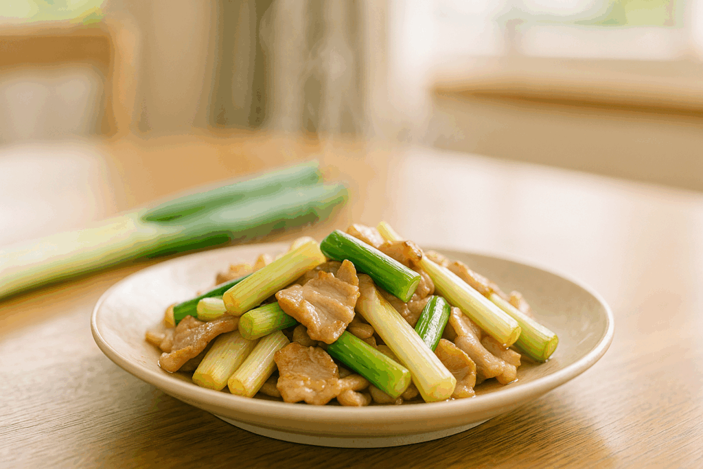 長ネギと豚肉の炒め物。疲労回復に役立つ食卓の一皿