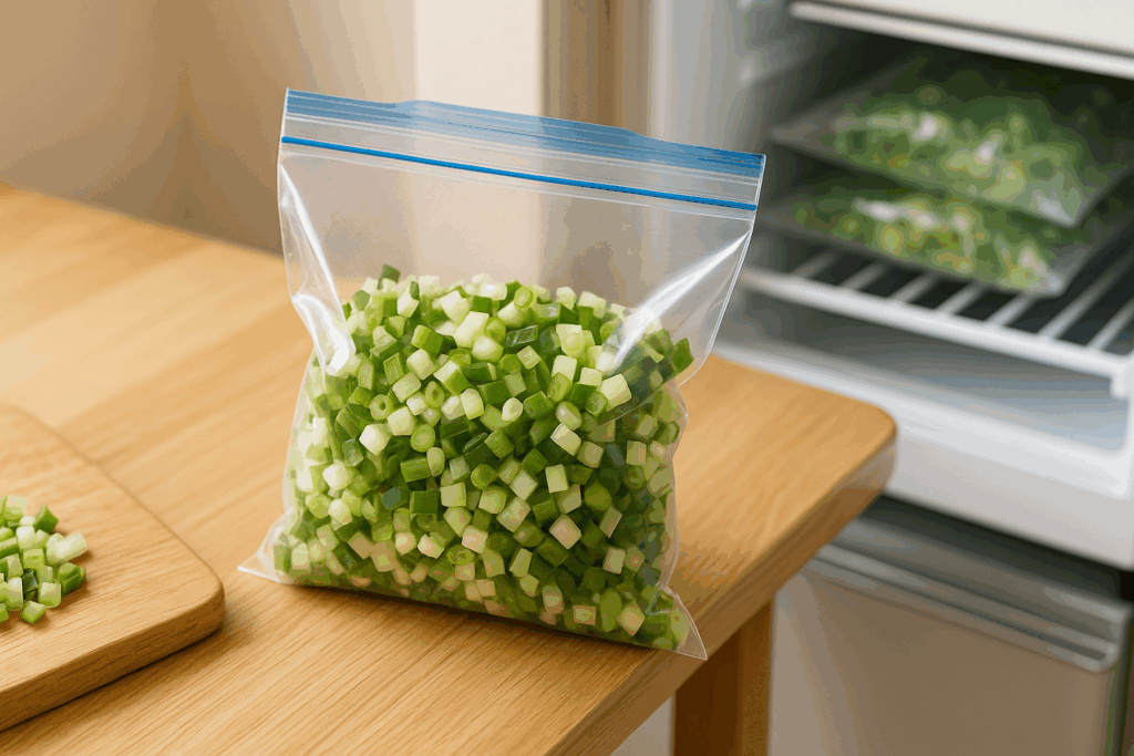 刻んだ長ネギを保存袋に入れて冷凍する様子。日常で取り入れやすい工夫のイメージ
