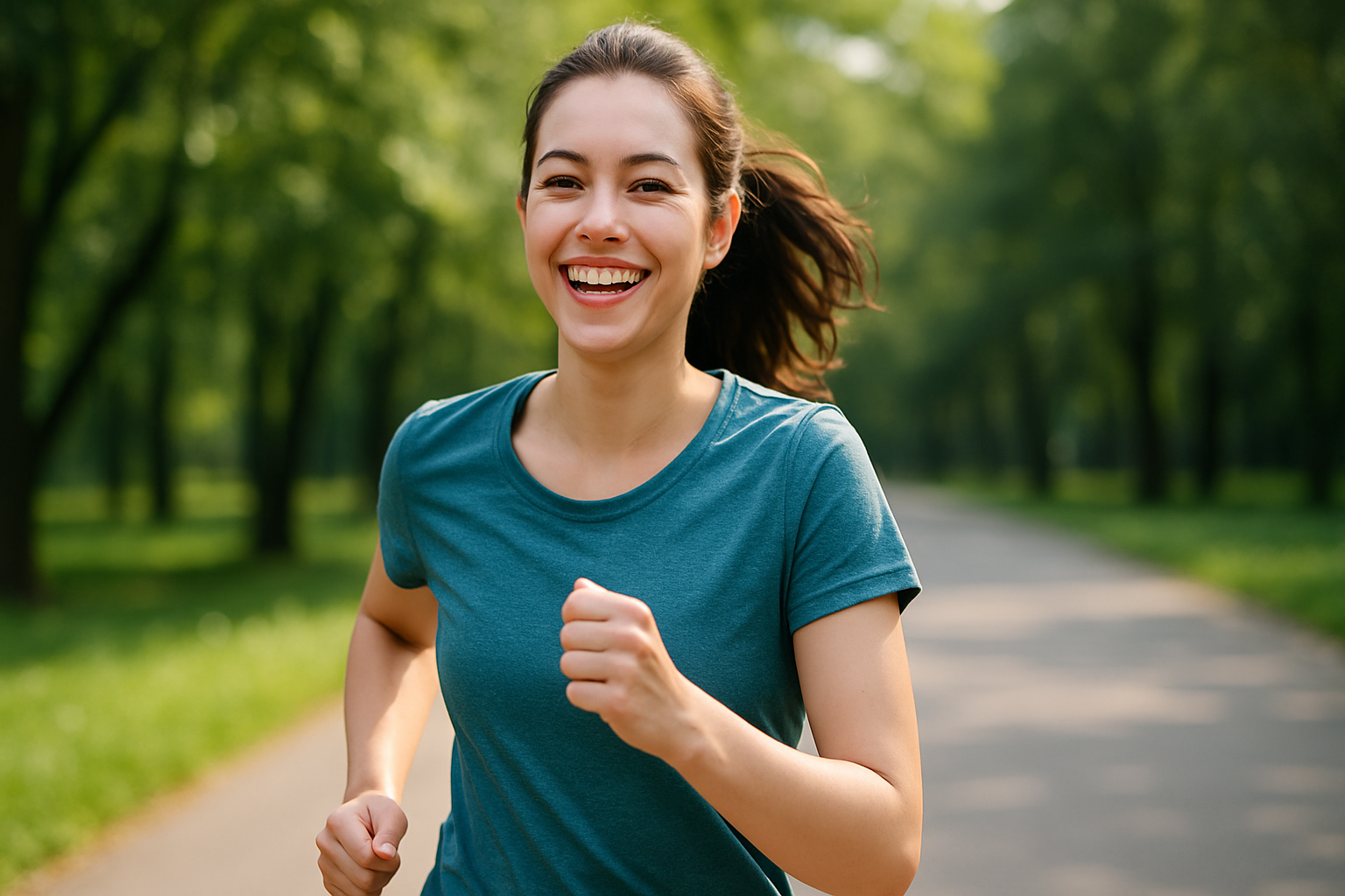 ランニングを楽しむ女性。初心者でも気分をリフレッシュできるメンタル効果を表現したイメージ写真