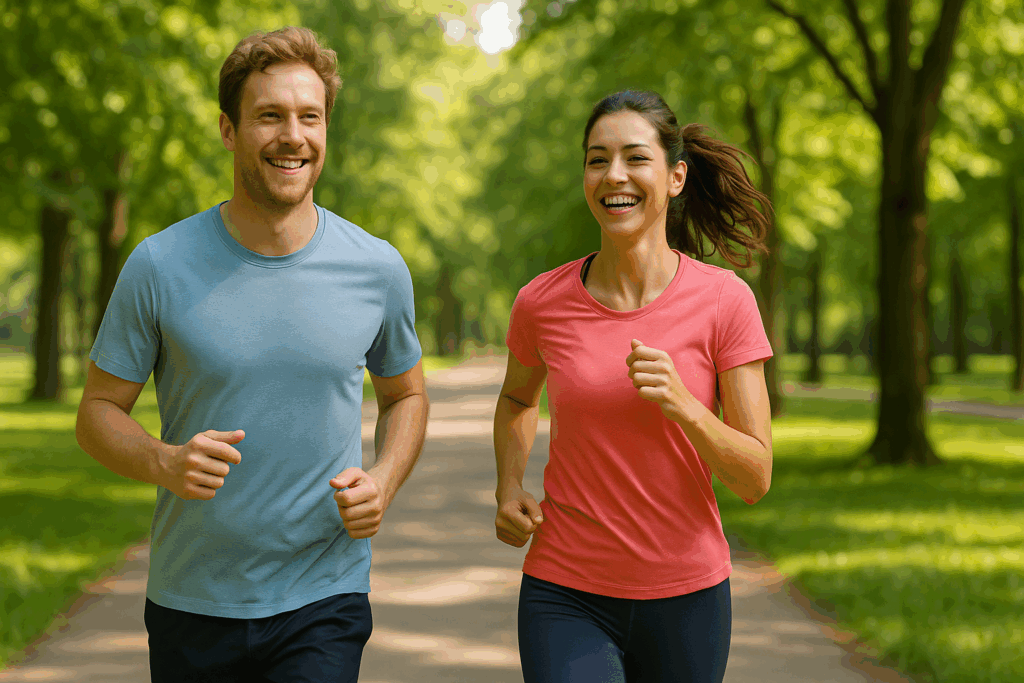 公園の並木道を笑顔で走る男女。ランニングでストレスを解消し、心身をリフレッシュしている様子