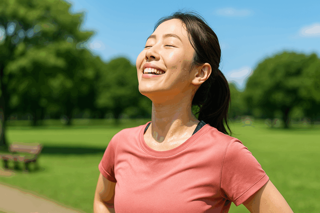 「ジョギング後に深呼吸する若い女性。ランニング初心者でも爽快感や前向きな気持ちを実感できる場面