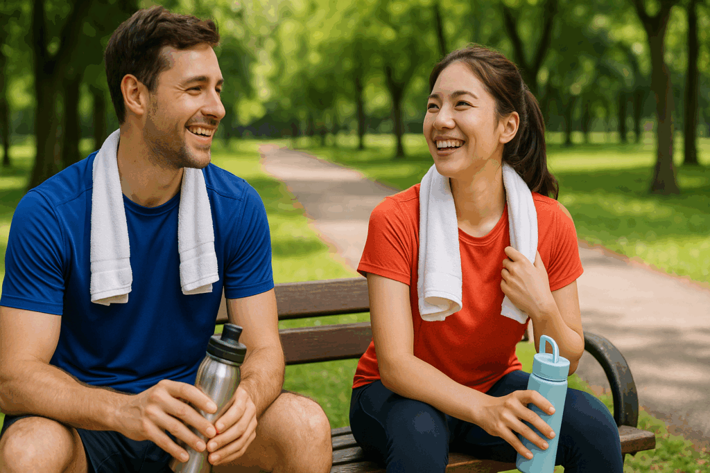 ランニングを続けてきた男女が公園のベンチで休憩。笑顔で会話しながらメンタルの安定や達成感を感じている様子
