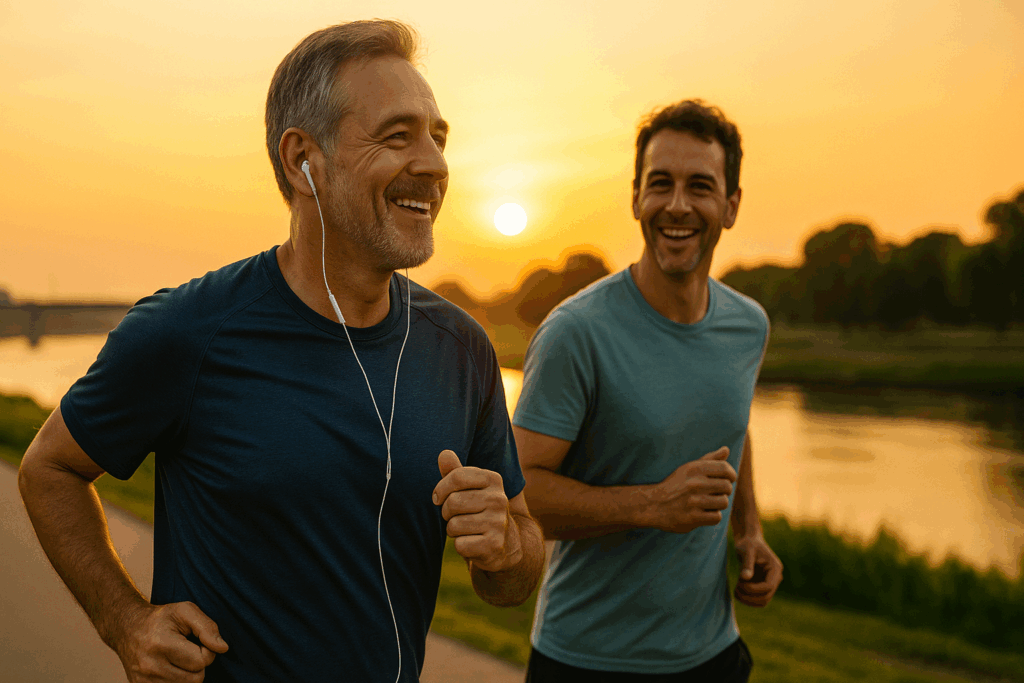 「イヤホンで音楽を聴きながら友人と一緒に走る中年男性。会話を楽しみながら無理なくランニングを続ける雰囲気