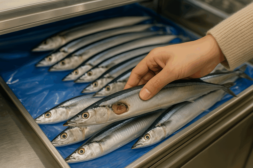 鮮度の良いサンマを見分けるために選んでいる様子