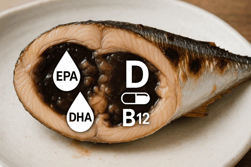 サンマの内臓に含まれるEPA・DHAやビタミンなどの栄養素を示す図解