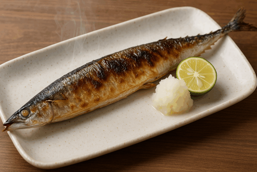香ばしく焼き上がったサンマの塩焼きと大根おろし