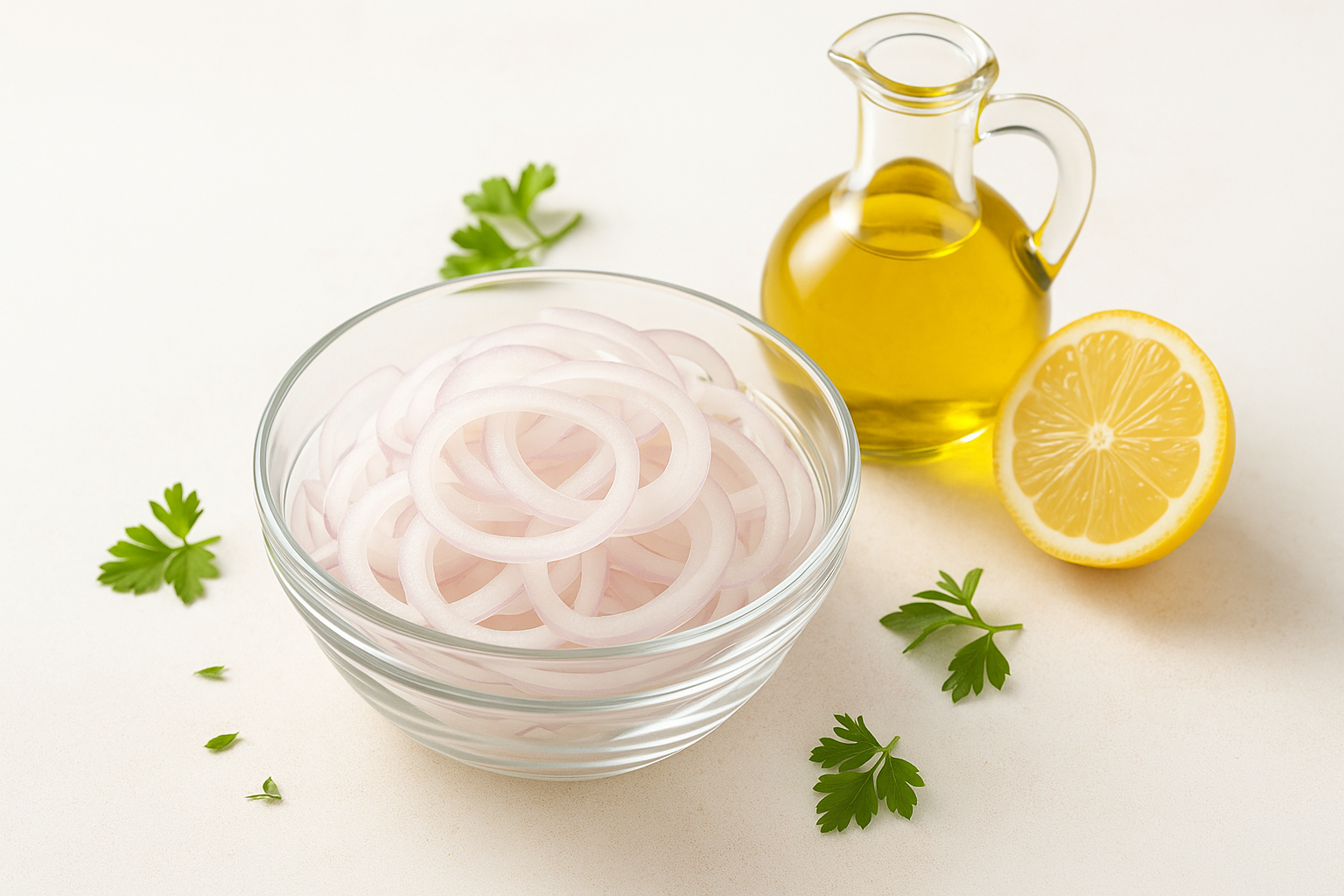 玉ねぎサラダとオリーブオイルで美容と健康をイメージした写真