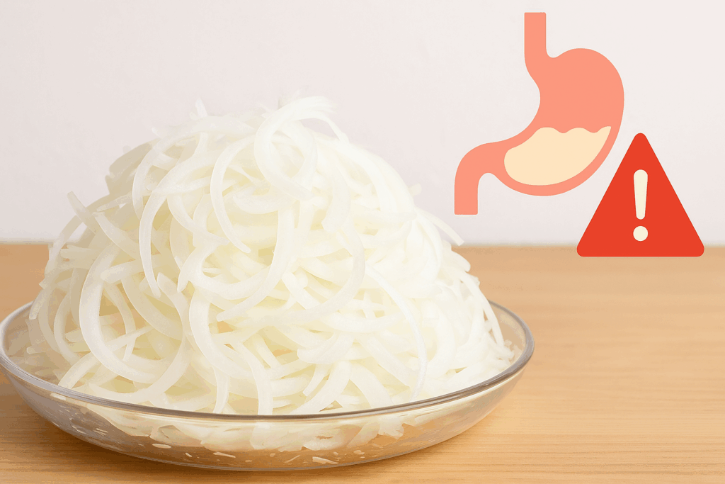 玉ねぎの食べ過ぎによる胃腸負担を注意喚起するイメージ