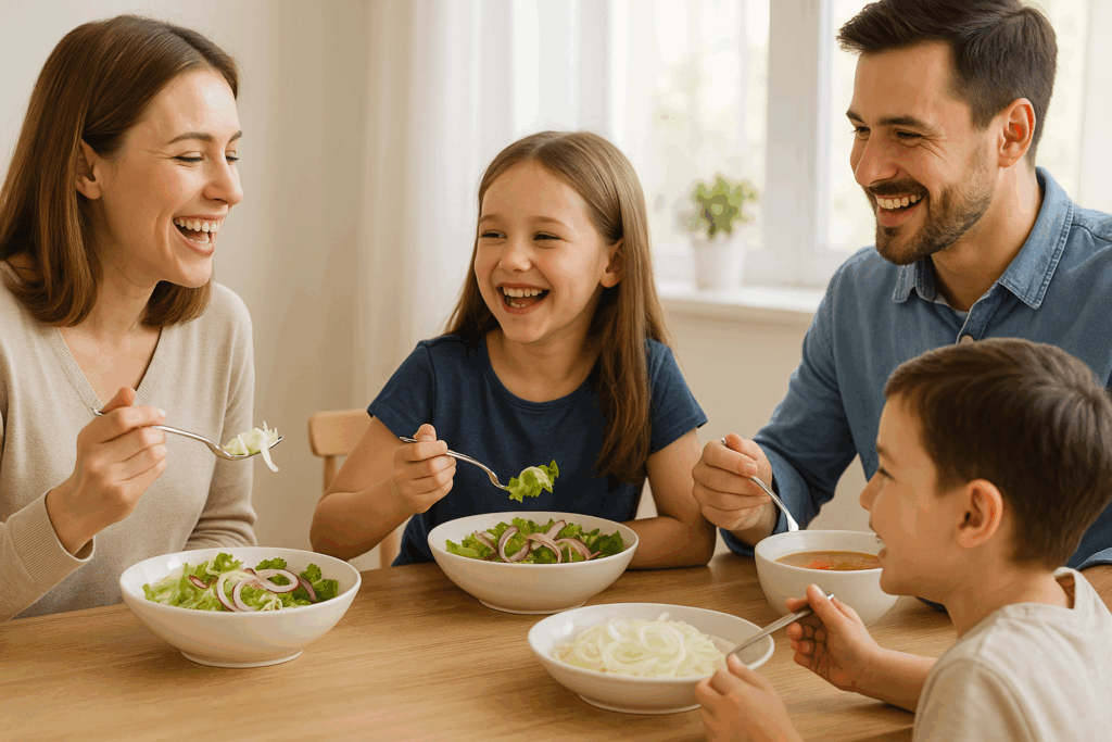 「玉ねぎ料理を囲む家族の食卓風景で健康習慣を表現する写真