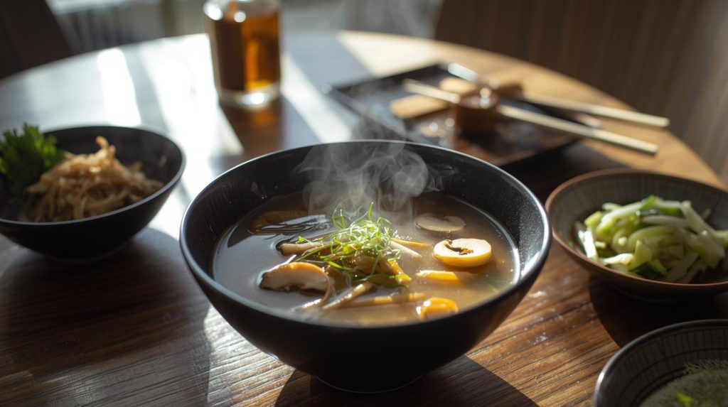 えのきの味噌汁と炒め物を朝食に取り入れるシーン。
1日1袋のえのきを食べ続けるダイエットのイメージ。