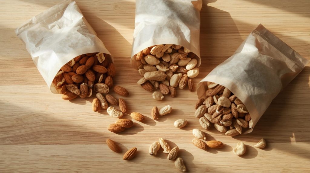 小袋に分けられたアーモンドとナッツ、ダイエット中でも安心なおやつの工夫