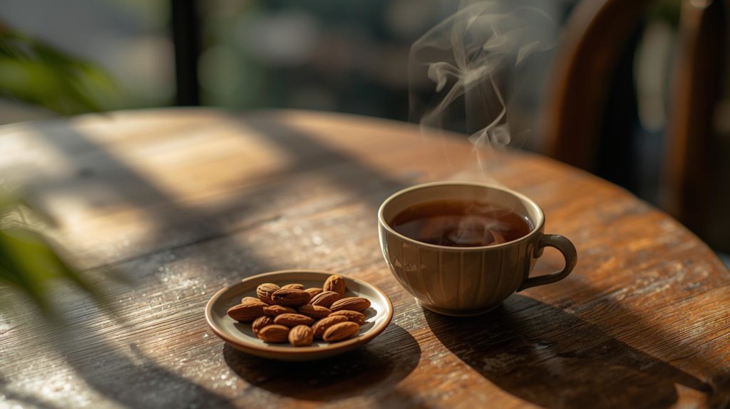 ハーブティーと小皿のアーモンド、美容ダイエットを楽しむカフェ風シーン