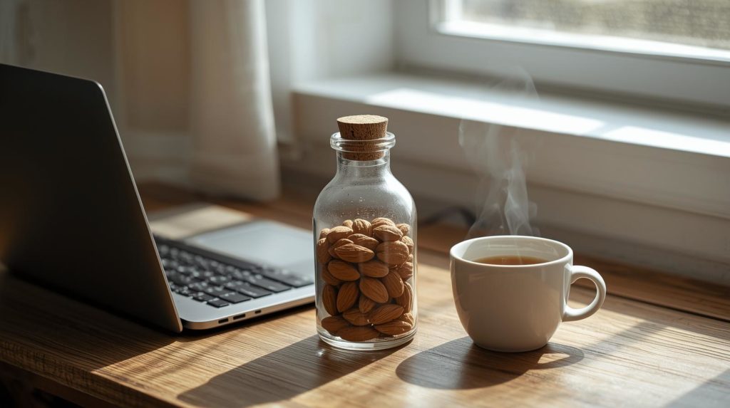 透明ボトルに入ったアーモンドをデスクに置いたシーン、仕事中の美容おやつ習慣
