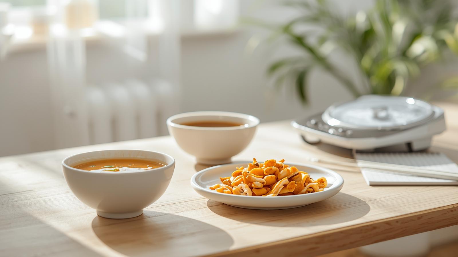 えのきダイエットを1週間続けて体の変化を記録するイメージ。 えのきの味噌汁と炒め物が並ぶテーブル、体重計とメモ帳が置かれた健康的な朝のシーン。