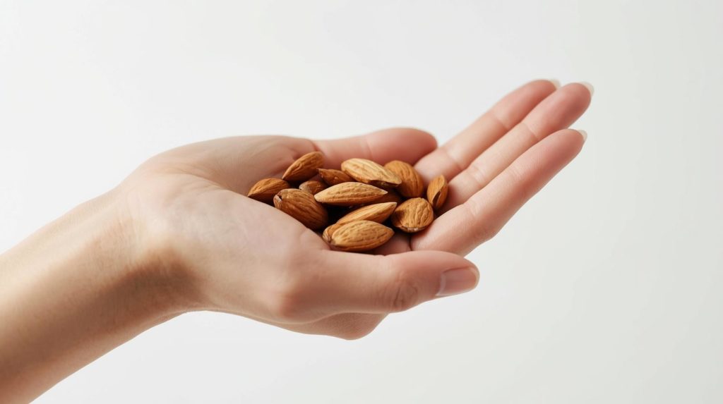 手のひらにのせたアーモンド、ひと握りから始める美容ダイエット習慣の象徴