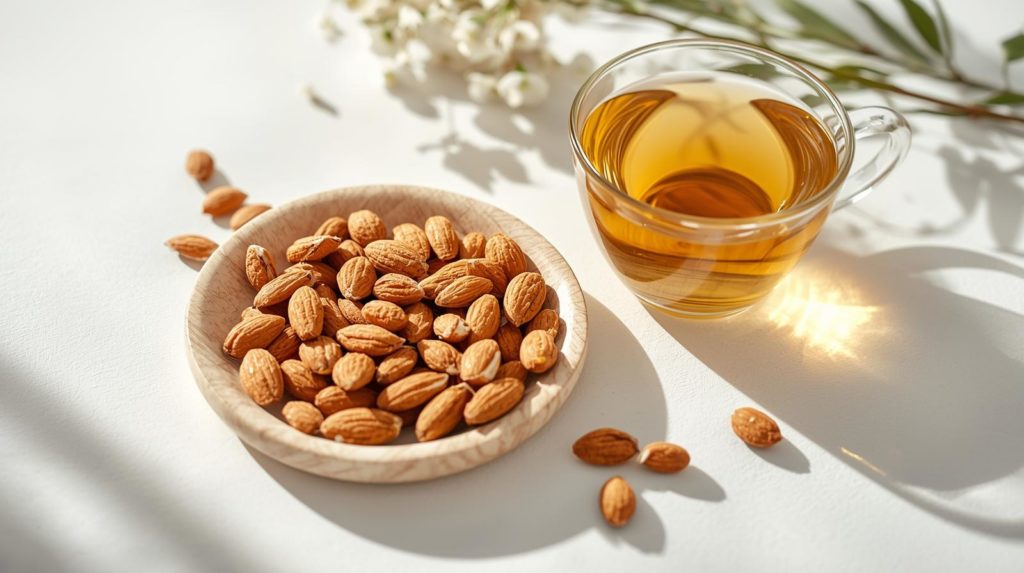 小皿に盛られたアーモンドとナッツ、美容とダイエットにぴったりのおしゃれな間食イメージ
