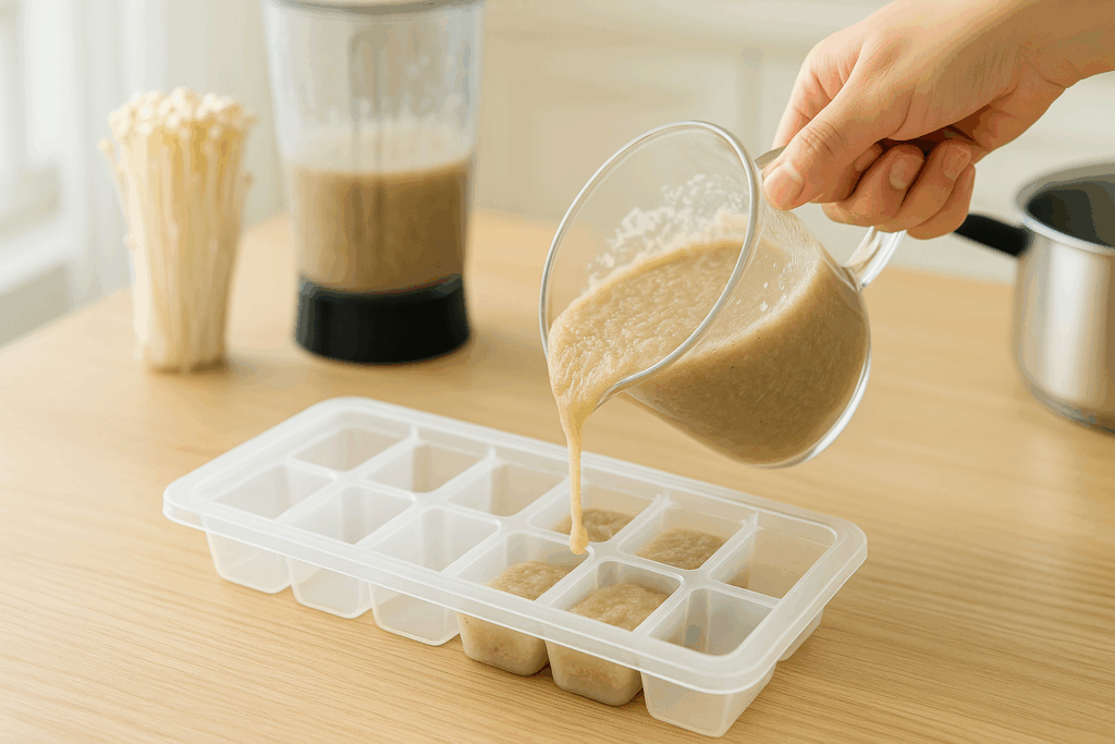 ミキサーで作ったえのきペーストを製氷皿に入れるえのき氷の作り方イメージ。
毎日続けやすいダイエットの工夫を示す写真。