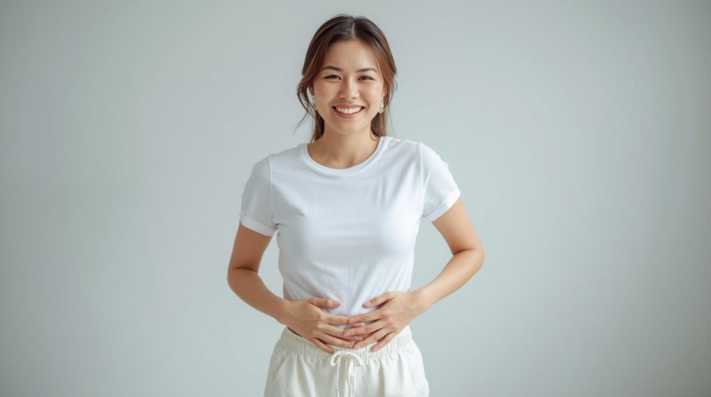 えのきを食べ続けて腸の調子が整い、お腹が軽く感じる女性。
便通改善や体のスッキリ感をイメージした写真。